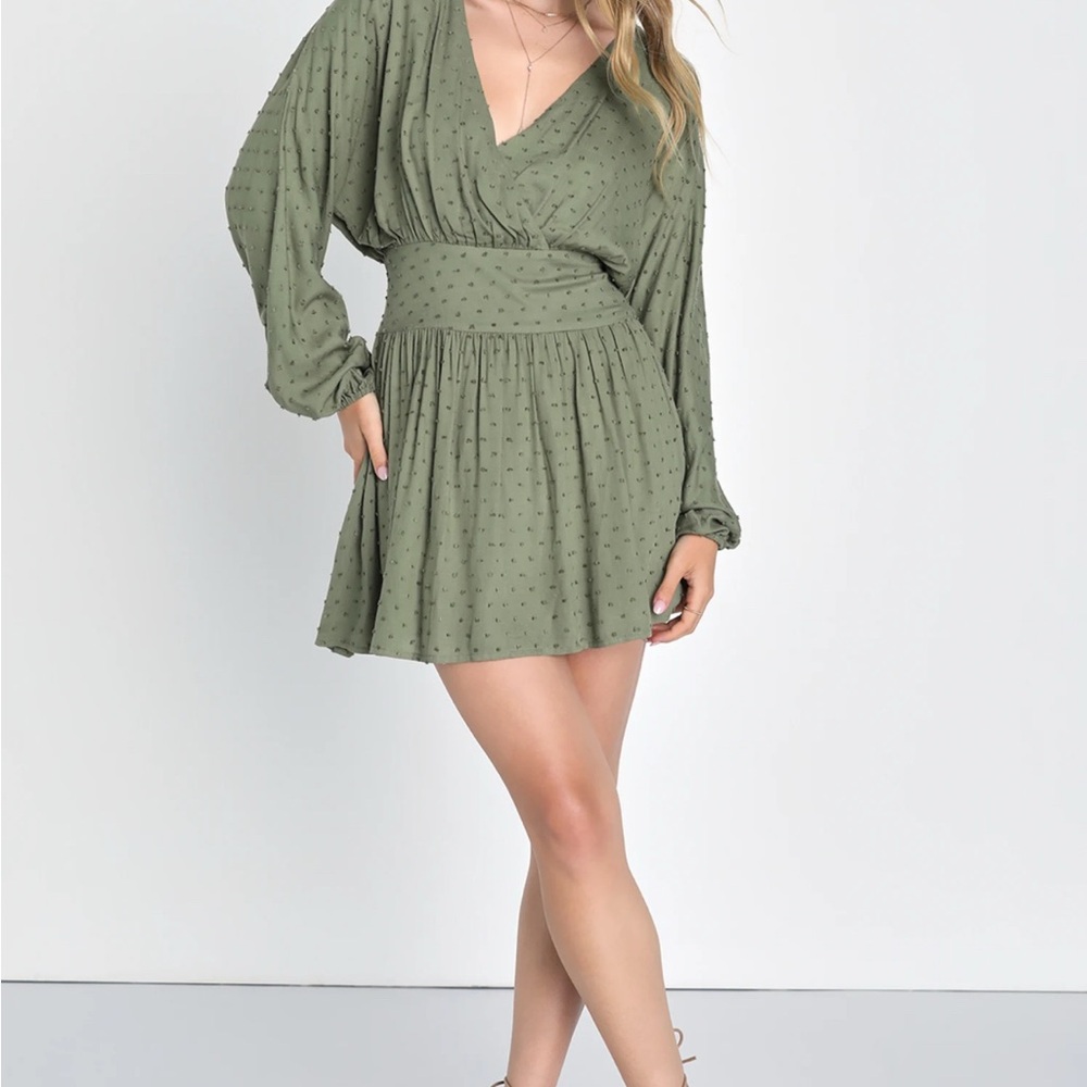 Lulus Lovely Charm Olive Green Swiss Dot Long Sleeve Mini Dress